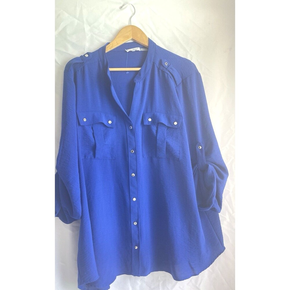 Calvin Klein XLarge Royal Blue Roll-Tab Sleeve Utility Button Front Q Luxury - Picture 6 of 14